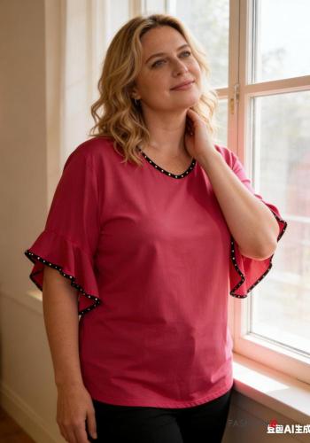 Blusa manga corta extra grande cuello redondo con volantes - ph 4