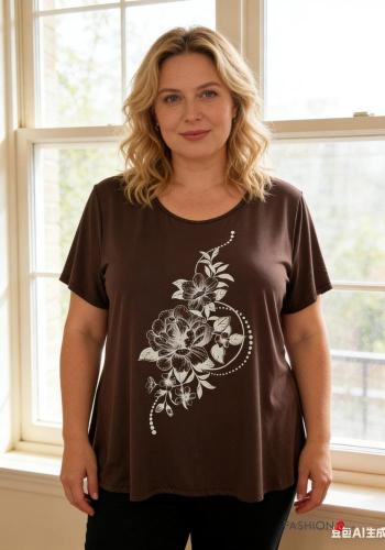 Blumenmuster kurze ärmel u-boot ausschnitt T-shirt - ph 2