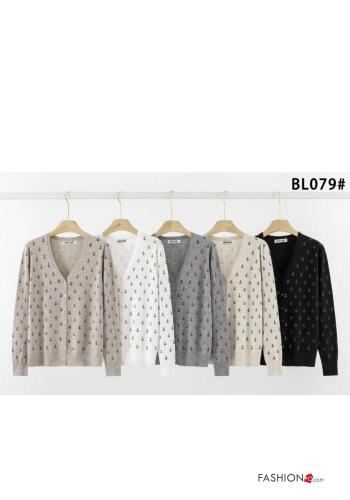 Cardigã manga comprida Padrão objetos com botões gola V - ph 1