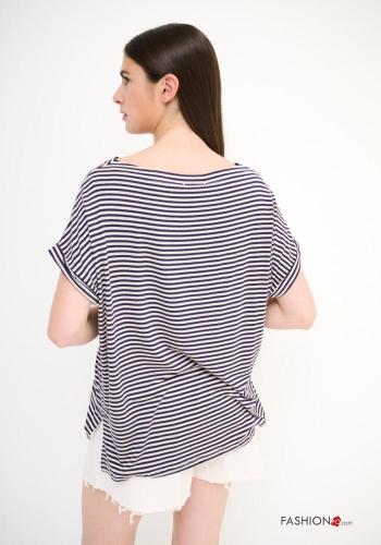 Streifenmuster Oversize u-boot ausschnitt kurze ärmel T-shirt aus Leinen - ph 2