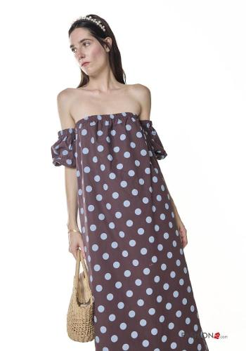 Polka-dot backless Cotton Dress with elastic bardot neckline - ph 2