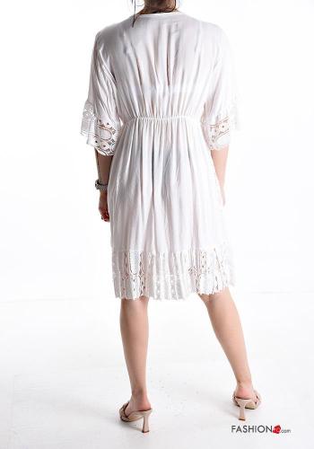 ruffle sleeve knee-length lace trim Cotton Dress 3/4 sleeve plunging neckline with v-neck - ph 2