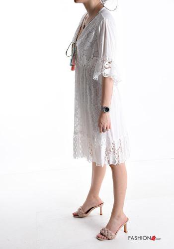 ruffle sleeve knee-length lace trim Cotton Dress 3/4 sleeve plunging neckline with v-neck - ph 3