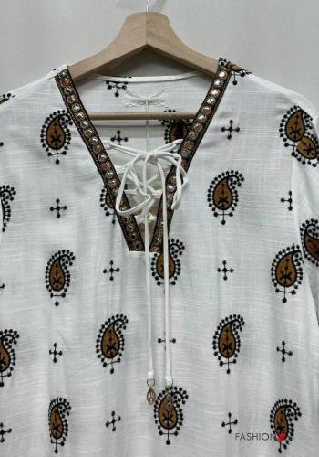 Besticktes Muster knielanger Kleid aus Leinen - ph 4