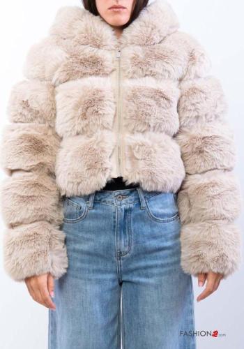 Cappotto corto pelliccia sintetica maniche lunghe con zip con cappuccio