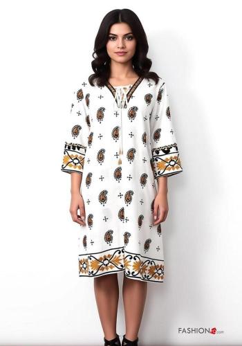 Besticktes Muster knielanger Kleid aus Leinen