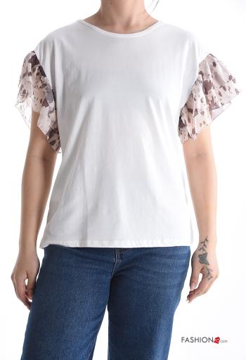 T-shirt em Algodão manga com folhos manga curta gola redonda