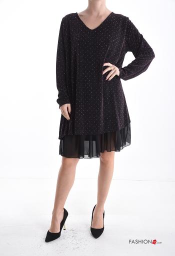 Vestido manga comprida chiffon gola V com strass com forro