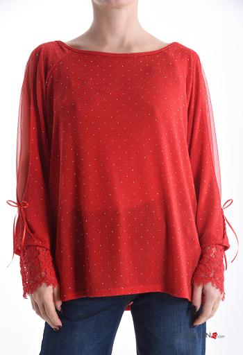 Blusa renda manga comprida gola redonda com laço com strass