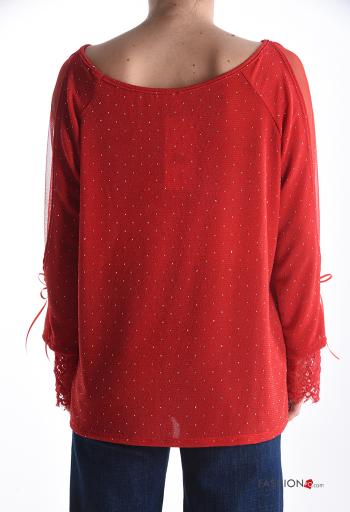 Blusa renda manga comprida gola redonda com laço com strass - ph 2