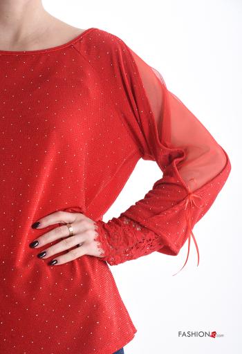 Blusa renda manga comprida gola redonda com laço com strass - ph 4