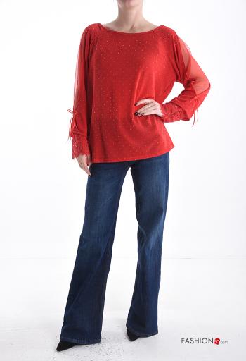 Blusa renda manga comprida gola redonda com laço com strass - ph 5