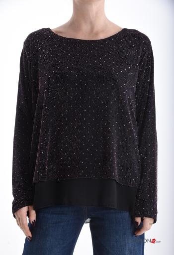 Blusa chiffon manga comprida gola redonda com strass com forro