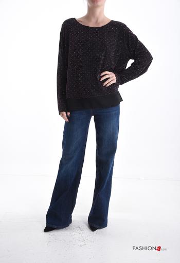 Blusa chiffon manga comprida gola redonda com strass com forro - ph 5