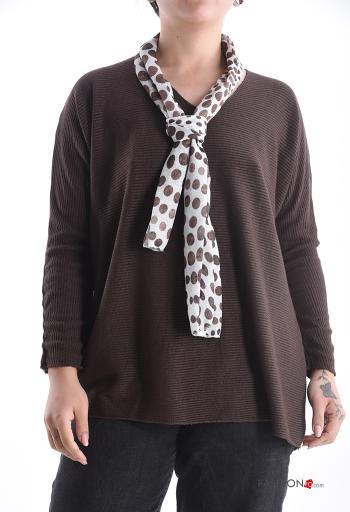 Camisola de mangas compridas lurex manga comprida gola V com cachecol