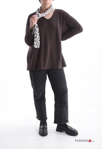 Camisola de mangas compridas lurex manga comprida gola V com cachecol - ph 5