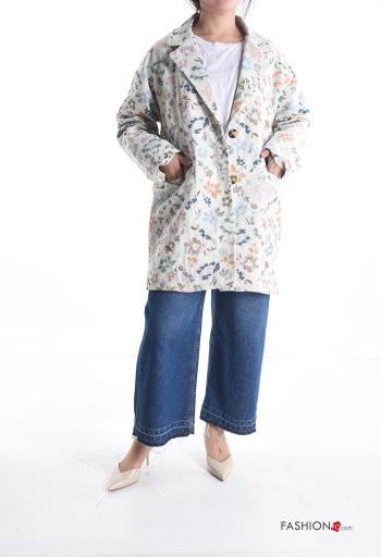 Casaco em Algodão manga comprida Floral com botões com bolsos