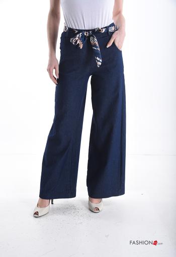 denim wide leg Cotton Trousers with pockets with ribbon
