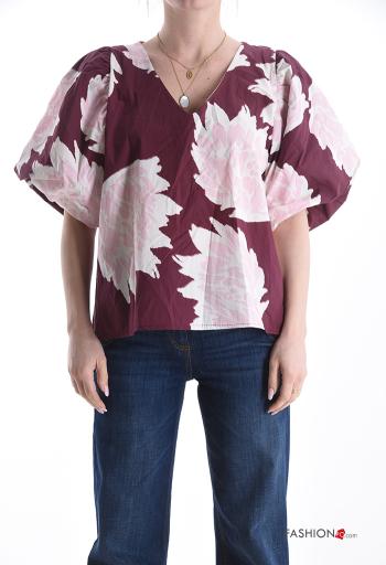 Blusa in Cotone maniche a palloncino Fantasia astratta scollo a V