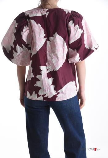 Blusa in Cotone maniche a palloncino Fantasia astratta scollo a V - ph 2