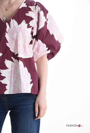 Blusa in Cotone maniche a palloncino Fantasia astratta scollo a V - ph 4