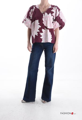 Blusa in Cotone maniche a palloncino Fantasia astratta scollo a V - ph 5
