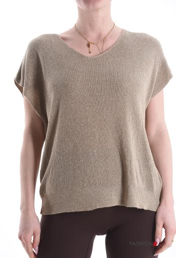 Lurex kurze ärmel Strickpullover mit V-Ausschnitt