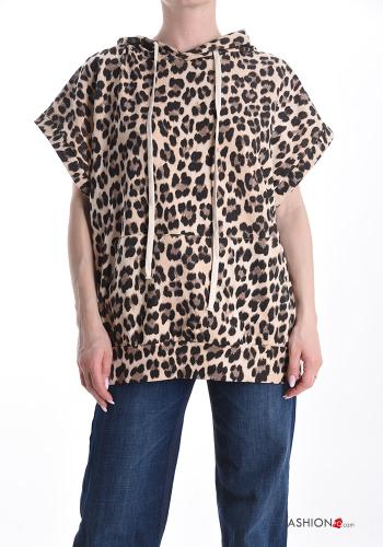Felpa in Cotone maniche corte Fantasia animalier con tasche con cappuccio