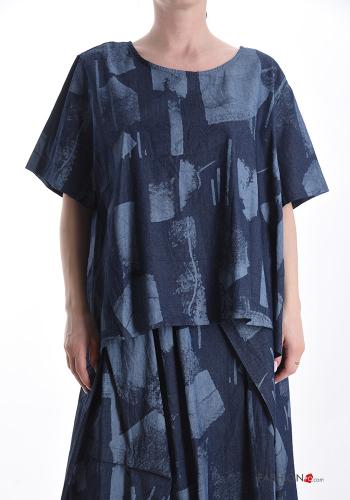 Blusa in Cotone denim maniche corte Fantasia astratta