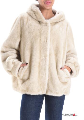 Cappotto pelliccia sintetica con tasche con bottoni con cappuccio - ph 1