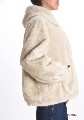 Cappotto pelliccia sintetica con tasche con bottoni con cappuccio - ph 3