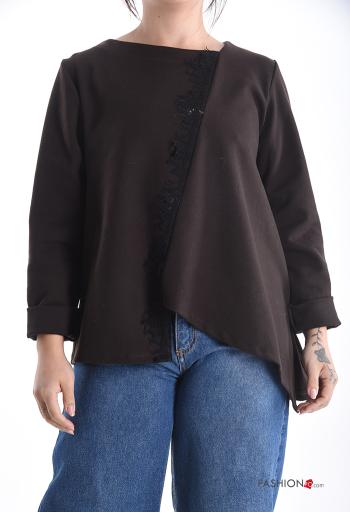 Maglietta a manica lunga girocollo asimmetrico pizzo maniche lunghe - ph 1