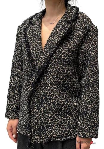 Tiermuster Blazer aus Wollmischung mit Fransen