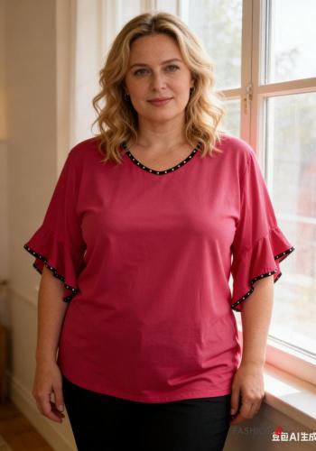 Blusa manga corta extra grande cuello redondo con volantes