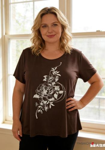 Blumenmuster kurze ärmel u-boot ausschnitt T-shirt - ph 1