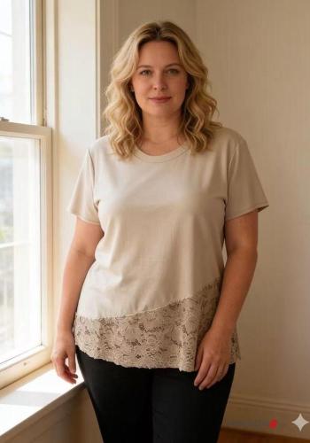 T-shirt manga corta encaje cuello redondo