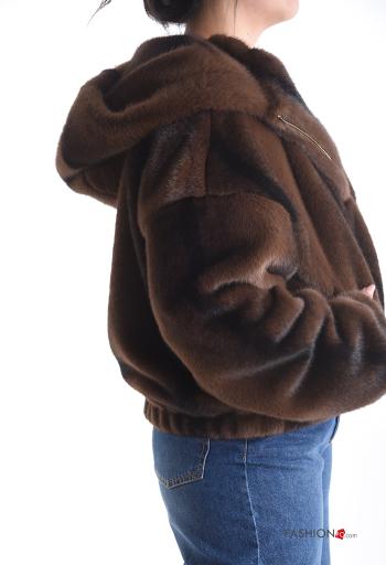 Casaco pelo sintético manga comprida com bolsos com capuz com forro - ph 3