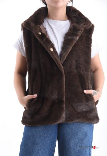 Colete pelo sintético sem mangas com botões com bolsos com forro