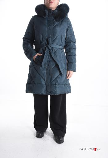 Doudoune fourrure synthétique à boutons avec ceinture avec fermeture éclair avec poches