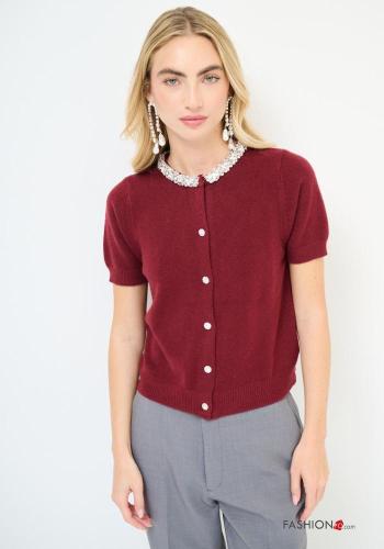 Gilet manches courtes col rond à boutons avec strass