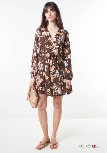 Floral mini Linen Dress with v-neck