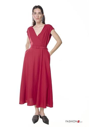 Linen Dress with belt with v-neck - ph 1