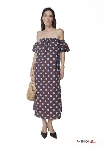 Polka-dot backless Cotton Dress with elastic bardot neckline