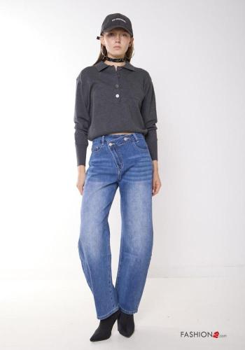 denim asymmetrical Cotton Jeans with buttons with pockets
