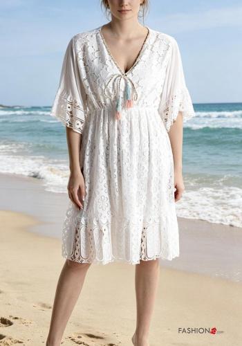 ruffle sleeve knee-length lace trim Cotton Dress 3/4 sleeve plunging neckline with v-neck
