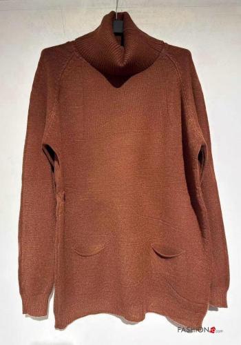 Camisola em Algodão manga comprida com gola subida com bolsos