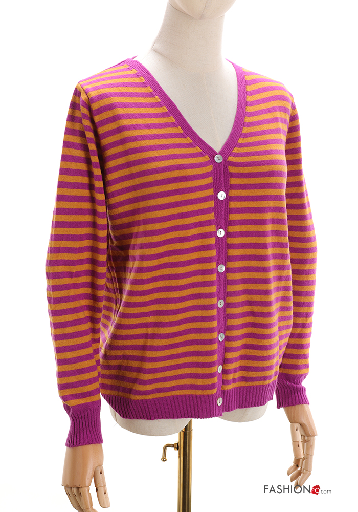  Striped Cashmere Blend Cardigan with buttons with v-neck