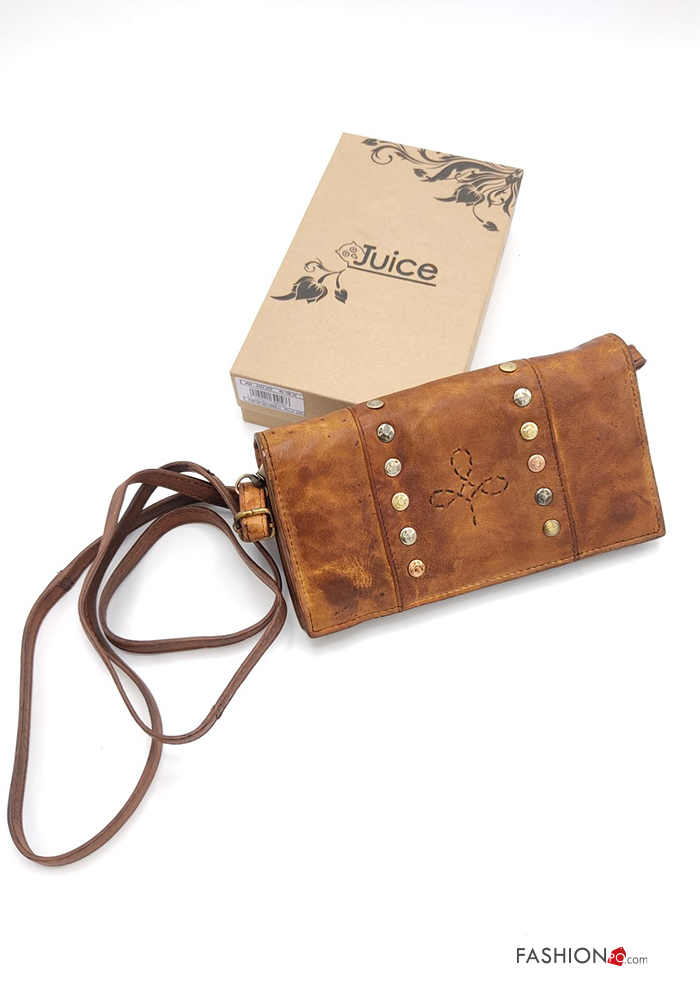  Genuine Leather Wallet with zip with shoulder strap with studs