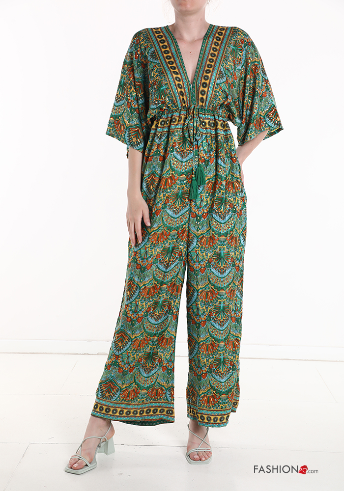  Jacquard print Silk Jumpsuit with elastic 3/4 sleeve with v-neck