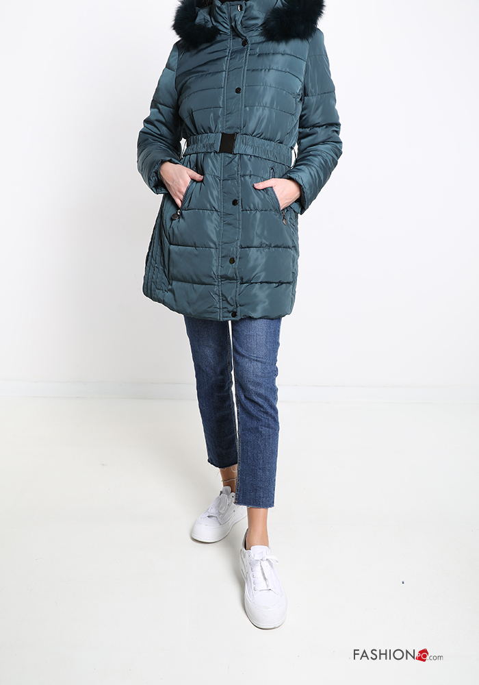  Puffer Jacket with pockets with faux fur with hood with zip with belt